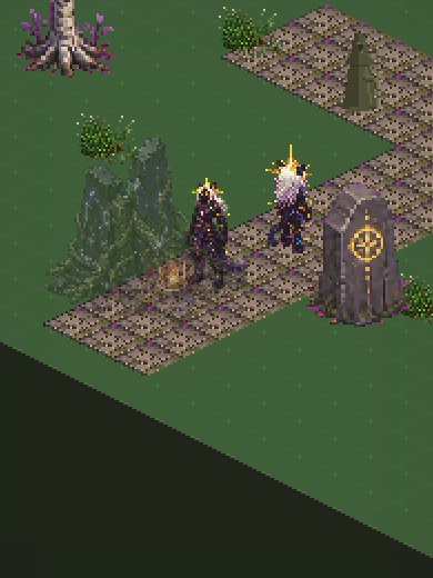 An isometric meadow: green ground, a laid stone path, a bare tree, a carved waymarker bearing a sun glyph, and two small figures walking.