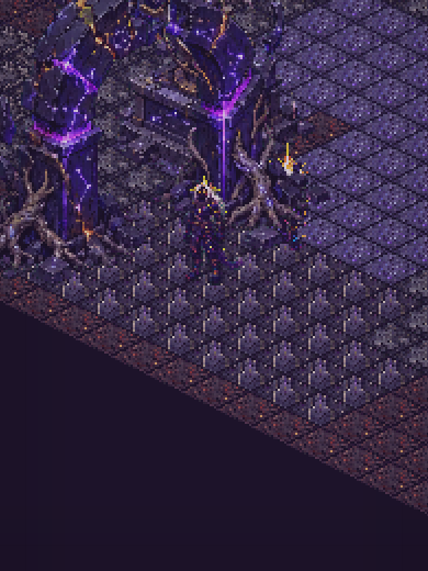 The world as it appears on a phone: an isometric ruin of violet crystal, glowing arches and bare trees, with two small figures crossing it.