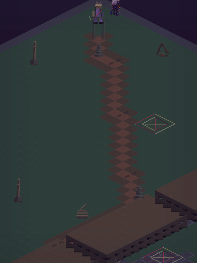 An isometric road of laid stone running away across open green ground toward a structure at its far end.